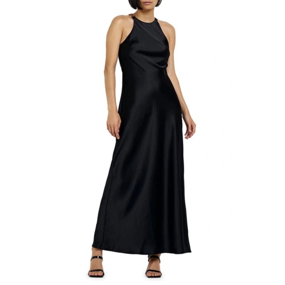 River Island Black Satin Halter A-Line Maxi Dress Size 4